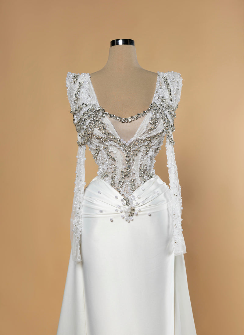 Sihëna Celestine Crest — ivory v-neck long-sleeve a-line wedding dress