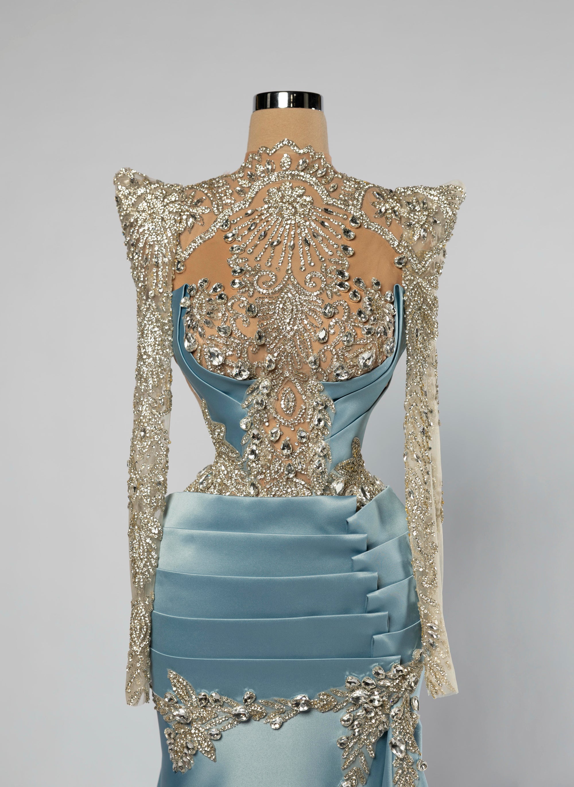 Sihëna Aquamarine Regent — powder-blue high-neck long-sleeve mermaid evening dress