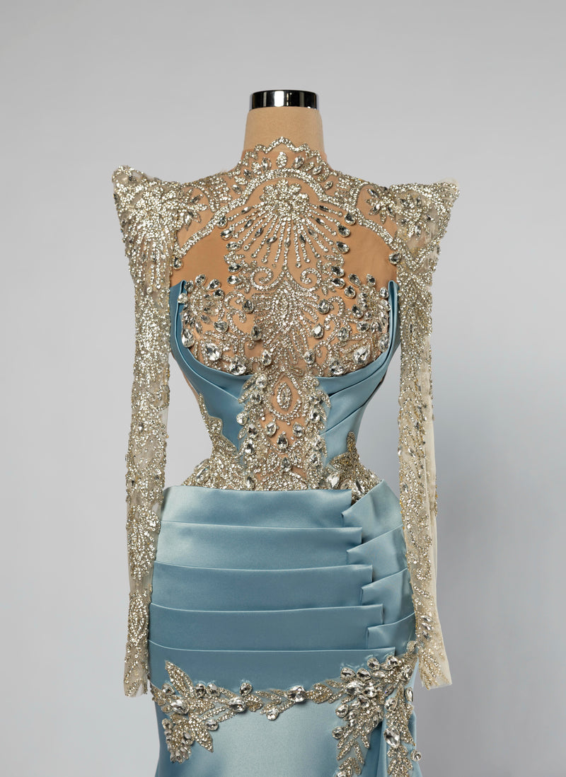 Sihëna Aquamarine Regent — powder-blue high-neck long-sleeve mermaid evening dress