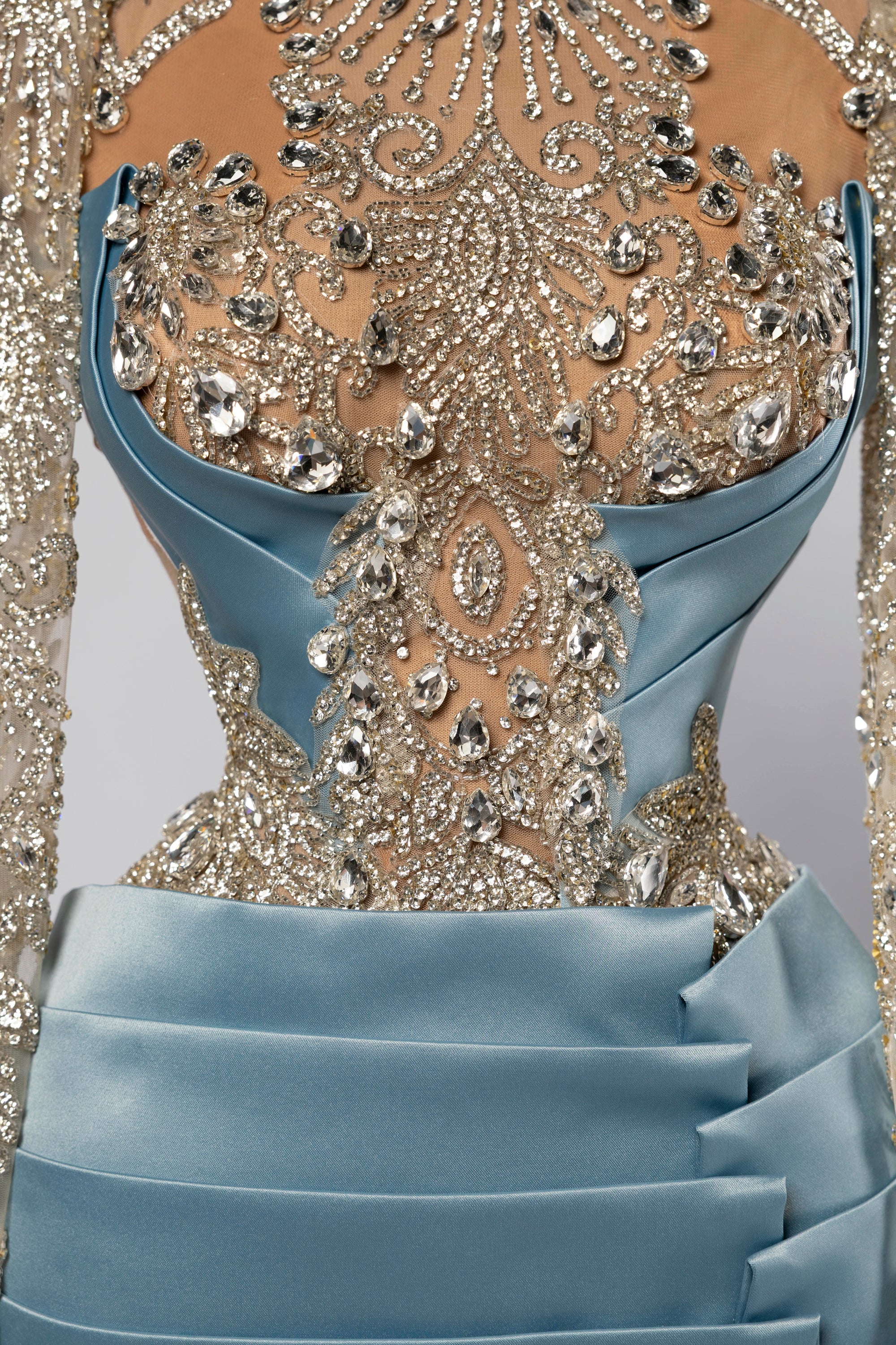 Sihëna Aquamarine Regent — powder-blue high-neck long-sleeve mermaid evening dress