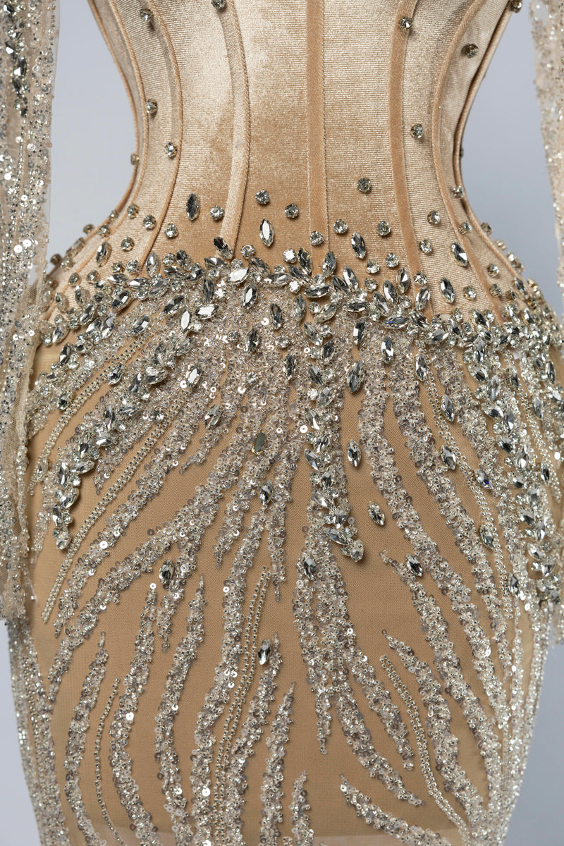 Sihëna Auric Lattice — champagne high-neck long-sleeve column evening dress