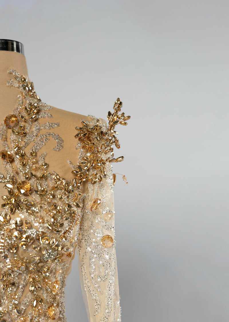 Sihëna Desert Marquise — champagne high-neck long-sleeve column evening dress