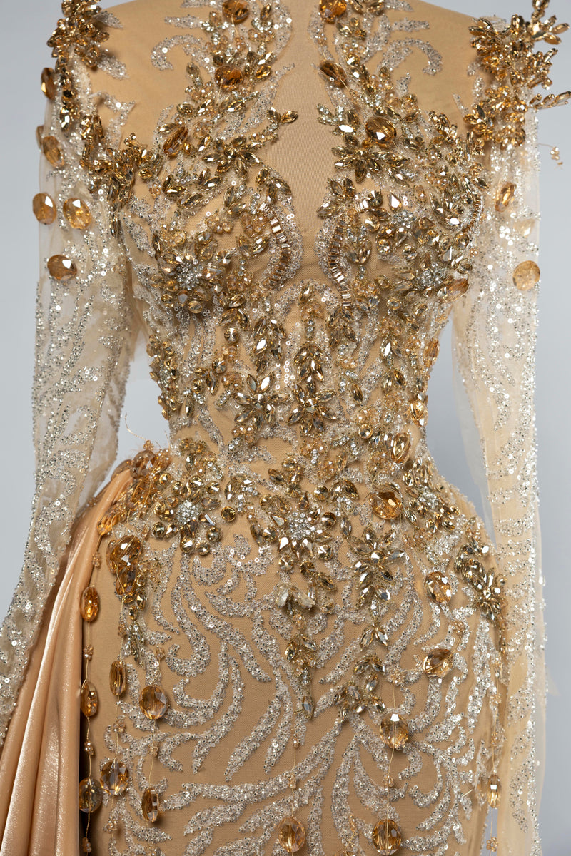 Sihëna Desert Marquise — champagne high-neck long-sleeve column evening dress