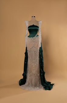 Sihëna Emerald Radiance — emerald strapless column gown in glossy satin with crystal-beaded illusion panels and beaded straps.