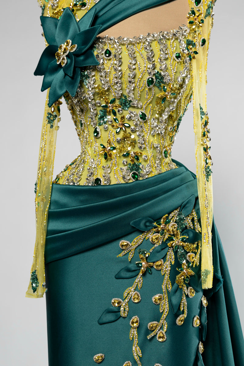 Sihëna Emerald Garland — emerald high-neck long-sleeve mermaid evening dress