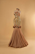 Sihëna Sahara Rosette — copper strapless sleeveless mermaid evening gown with crystal-beaded illusion bodice, 3D rosettes and draped skirt.