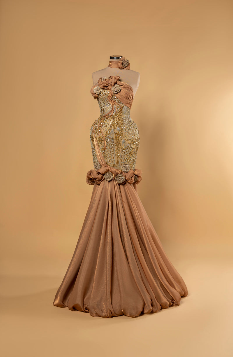 Sihëna Sahara Rosette — copper strapless sleeveless mermaid evening gown with crystal-beaded illusion bodice, 3D rosettes and draped skirt.