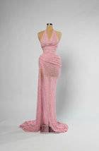 Sihëna Peony Luster — pink halter cowl-neck sleeveless mermaid evening gown in sequins with draped high-slit skirt and train.