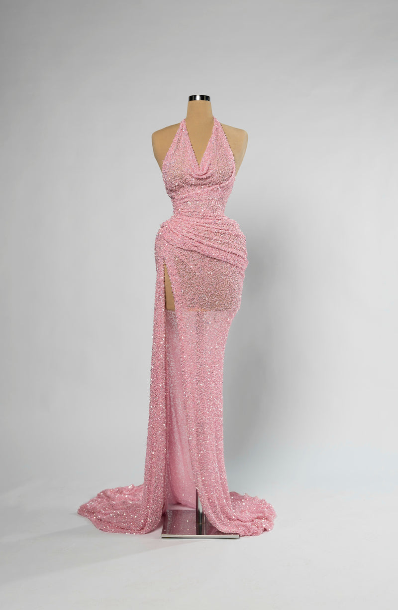 Sihëna Peony Luster — pink halter cowl-neck sleeveless mermaid evening gown in sequins with draped high-slit skirt and train.