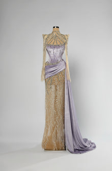 Sihëna Wisteria Halo — lilac high-neck long-sleeve mermaid gown with lilac satin corset, crystal beadwork, sheer illusion skirt and draped sash train.