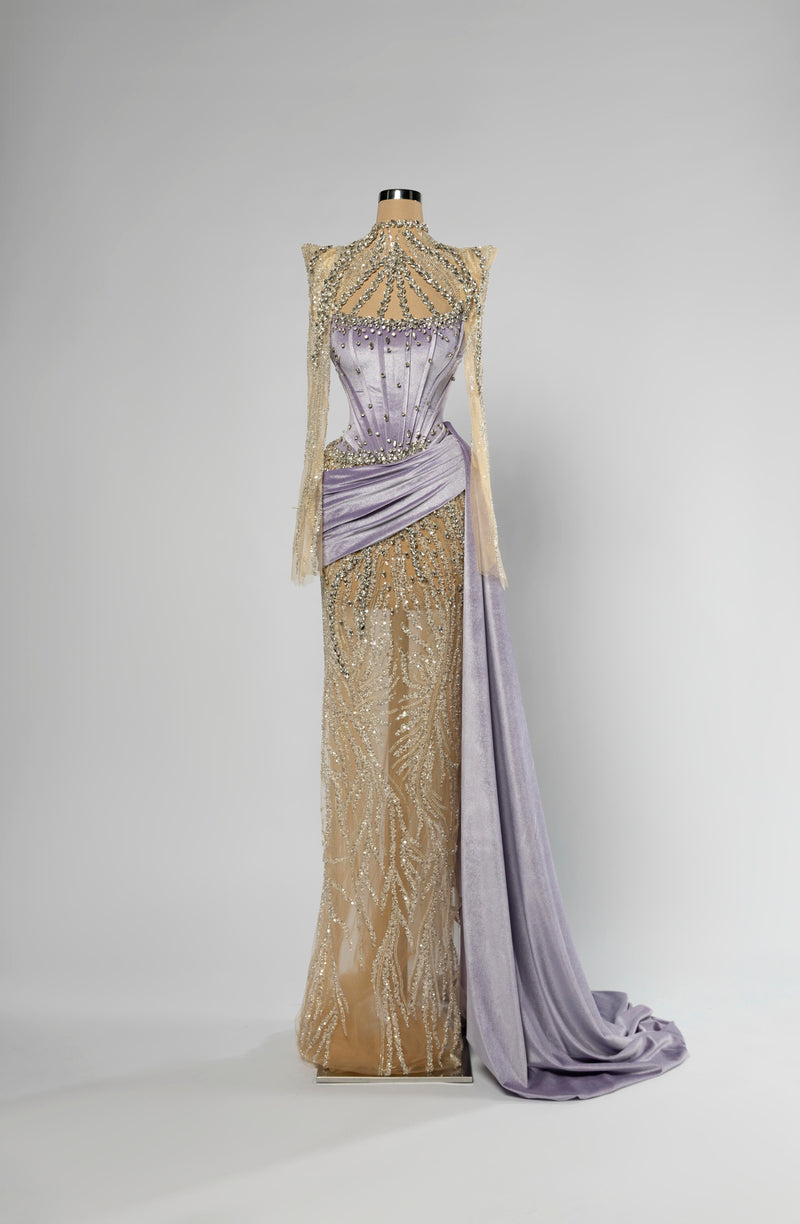 Sihëna Wisteria Halo — lilac high-neck long-sleeve mermaid gown with lilac satin corset, crystal beadwork, sheer illusion skirt and draped sash train.