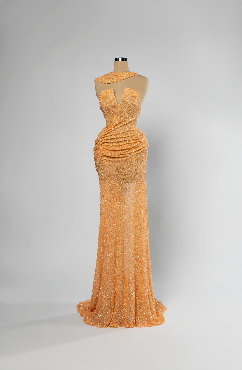 Sihëna Marigold Ripple — marigold asymmetric sleeveless mermaid evening gown in dense sequins with draped skirt and sheer side panel.