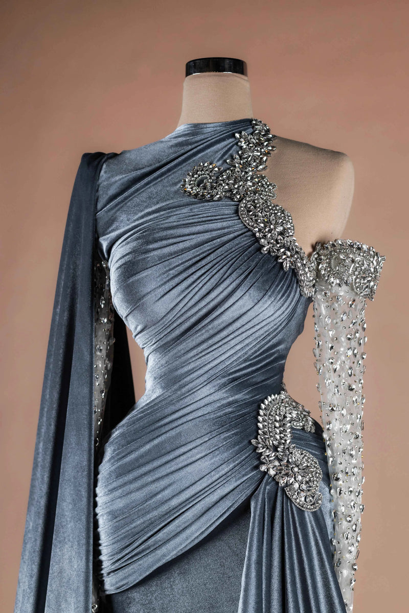 Sihëna Steel Monarch — navy asymmetric one-shoulder column evening dress