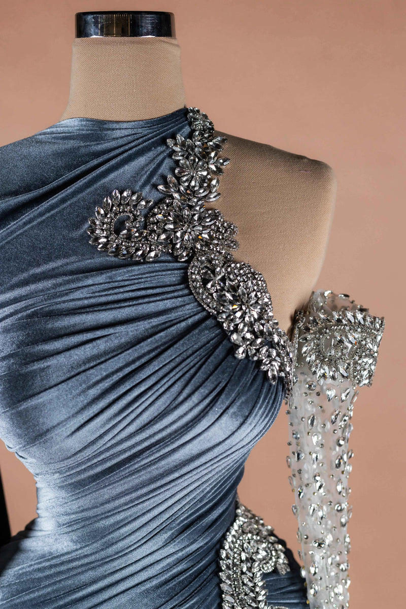 Sihëna Steel Monarch — navy asymmetric one-shoulder column evening dress