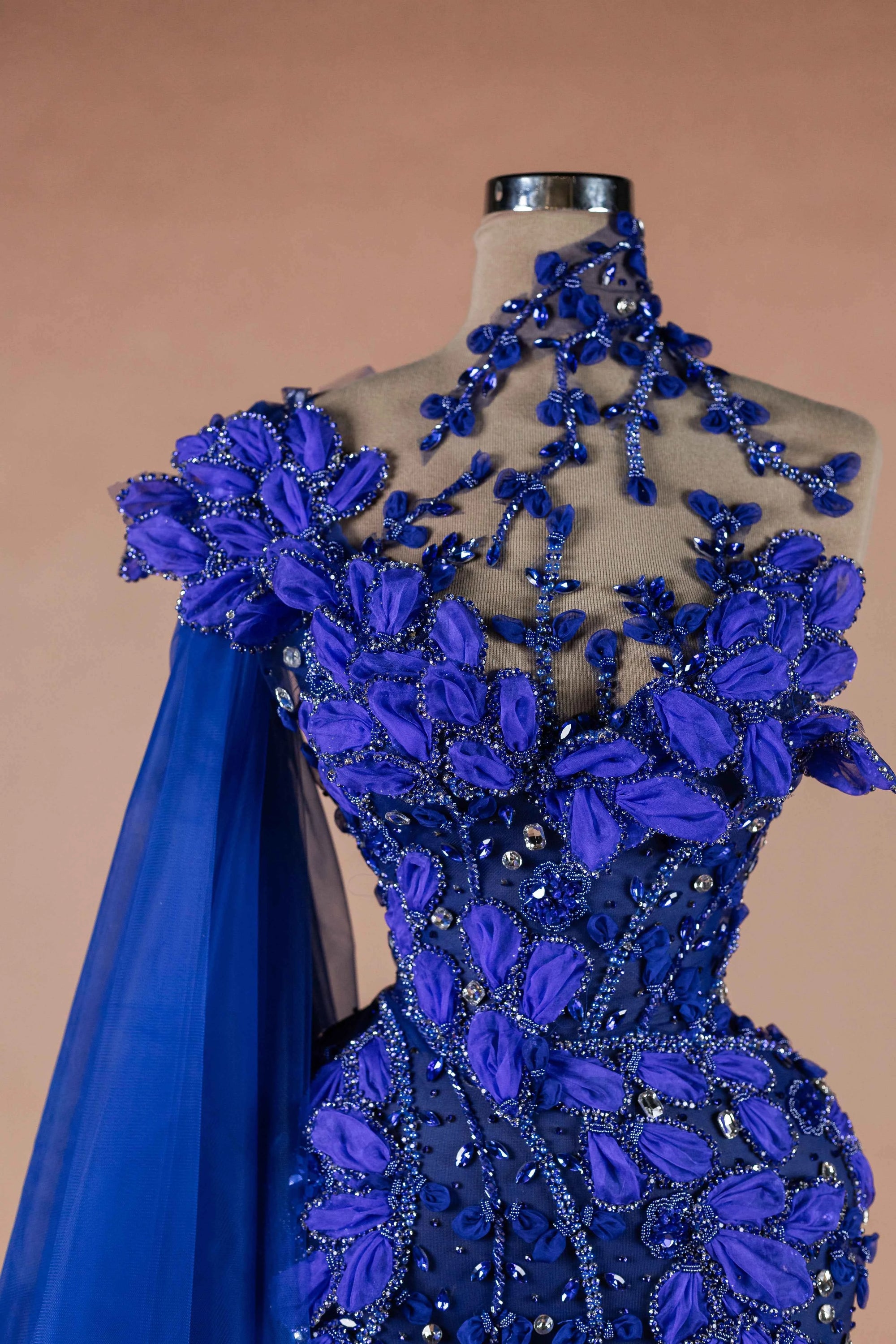 Sihëna Cobalt Petal — cobalt one-shoulder sleeveless column evening dress