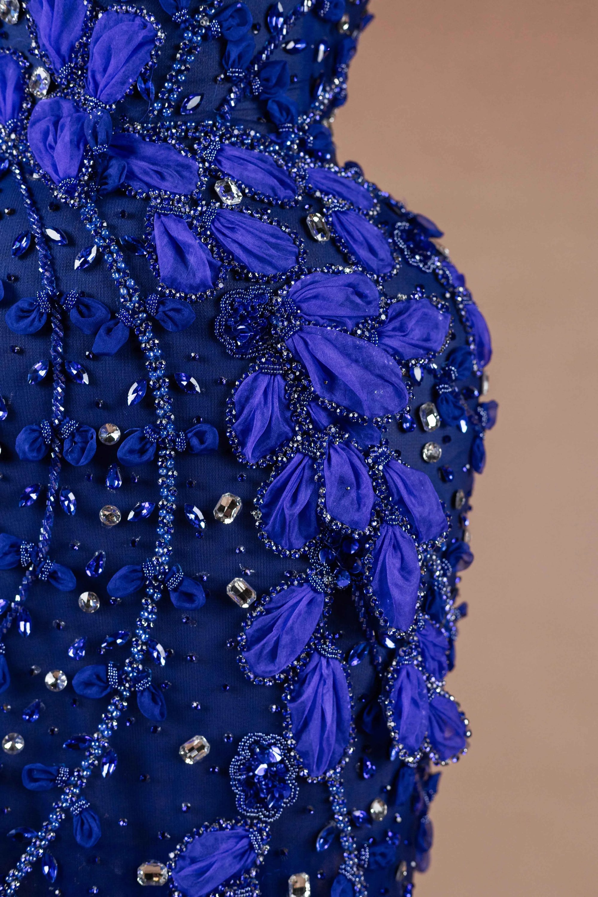 Sihëna Cobalt Petal — cobalt one-shoulder sleeveless column evening dress