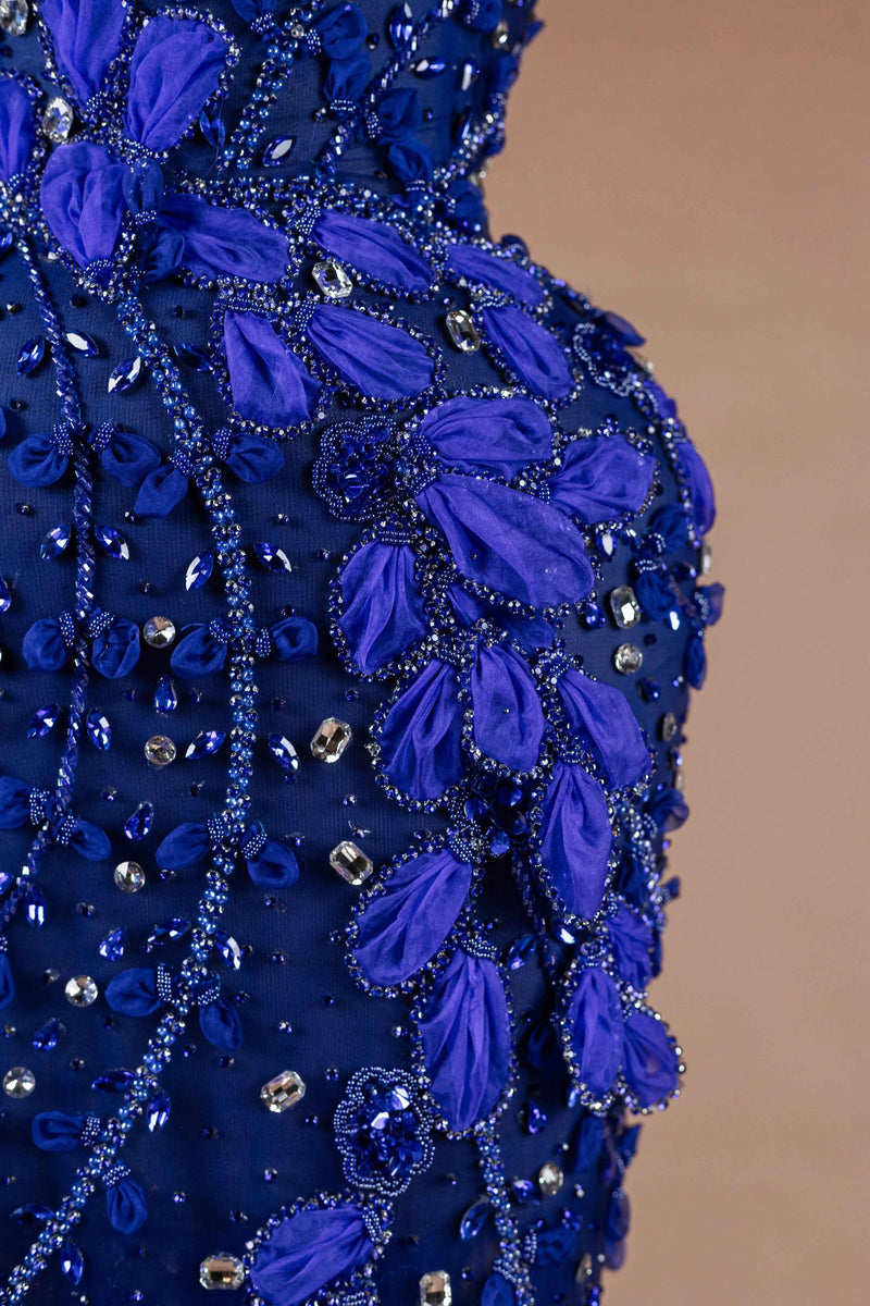Sihëna Cobalt Petal — cobalt one-shoulder sleeveless column evening dress