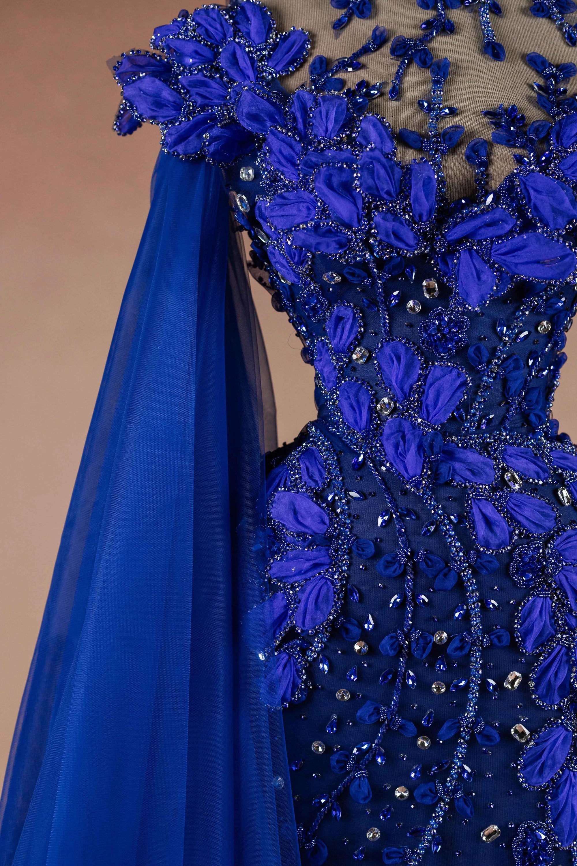 Sihëna Cobalt Petal — cobalt one-shoulder sleeveless column evening dress