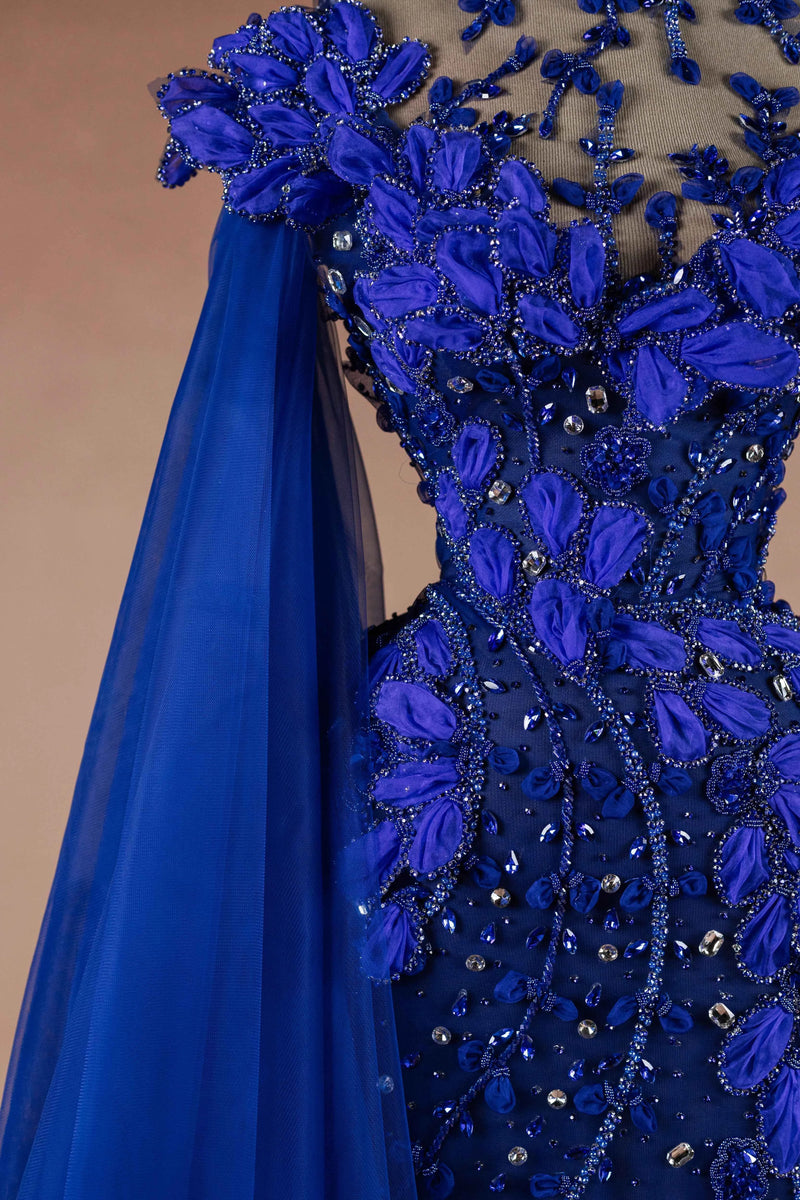 Sihëna Cobalt Petal — cobalt one-shoulder sleeveless column evening dress