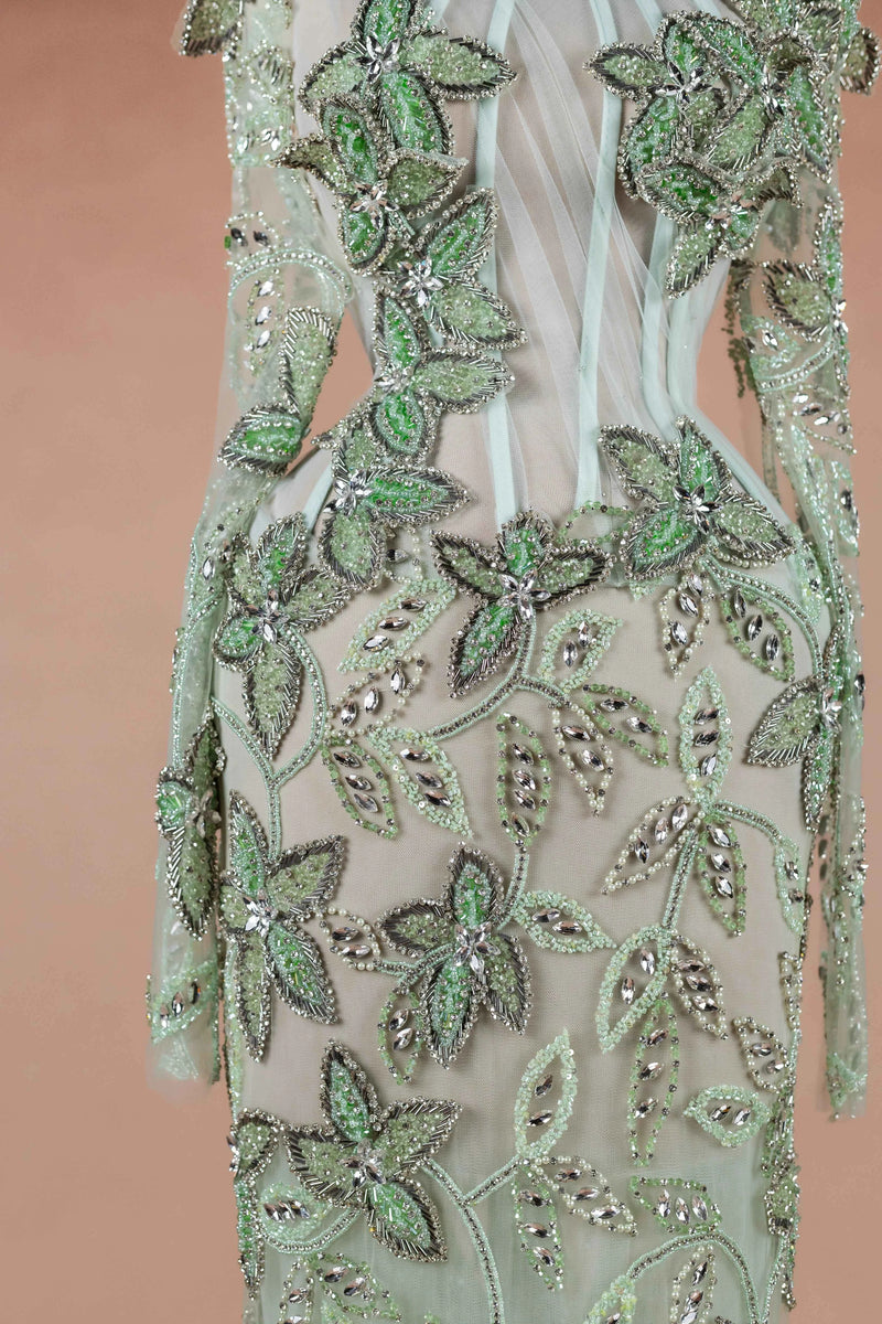 Sihëna Sage Ivy — sage-green high-neck long-sleeve column evening dress
