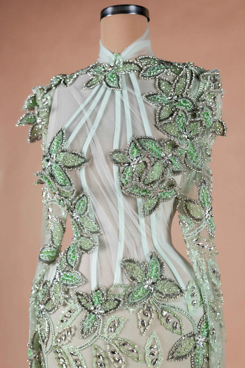 Sihëna Sage Ivy — sage-green high-neck long-sleeve column evening dress