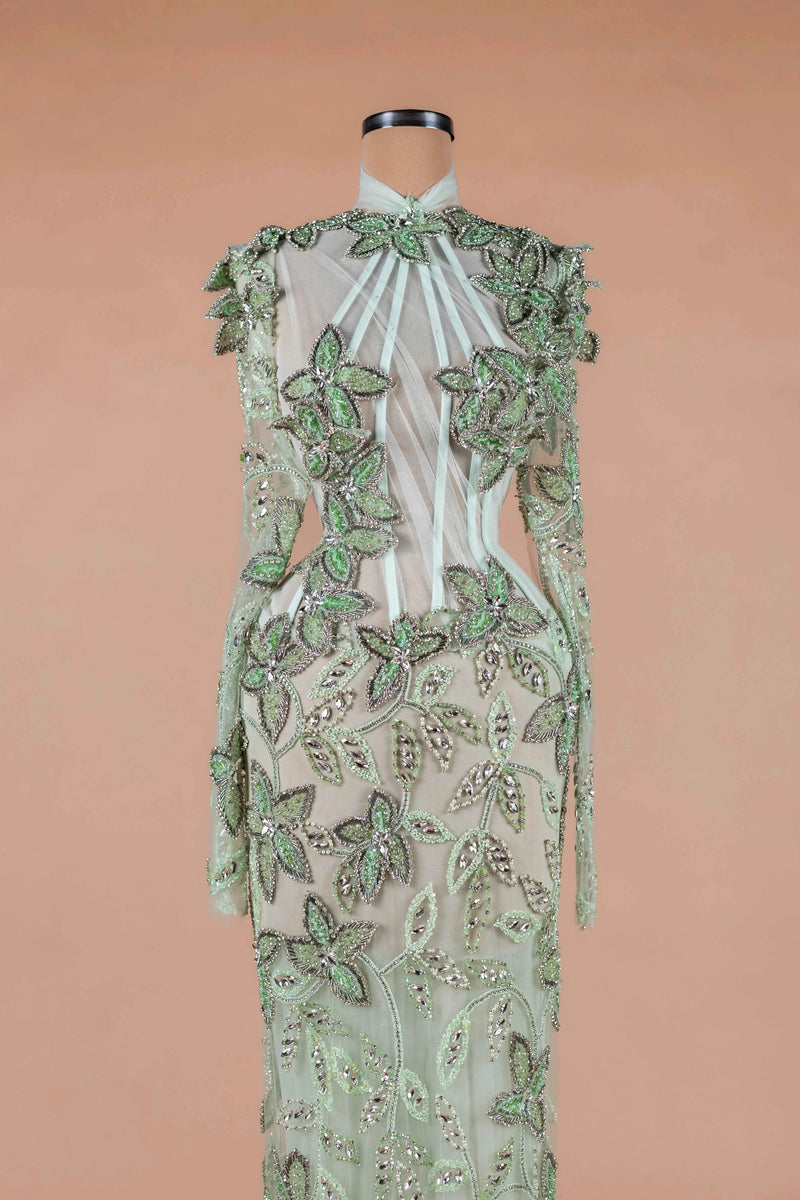 Sihëna Sage Ivy — sage-green high-neck long-sleeve column evening dress