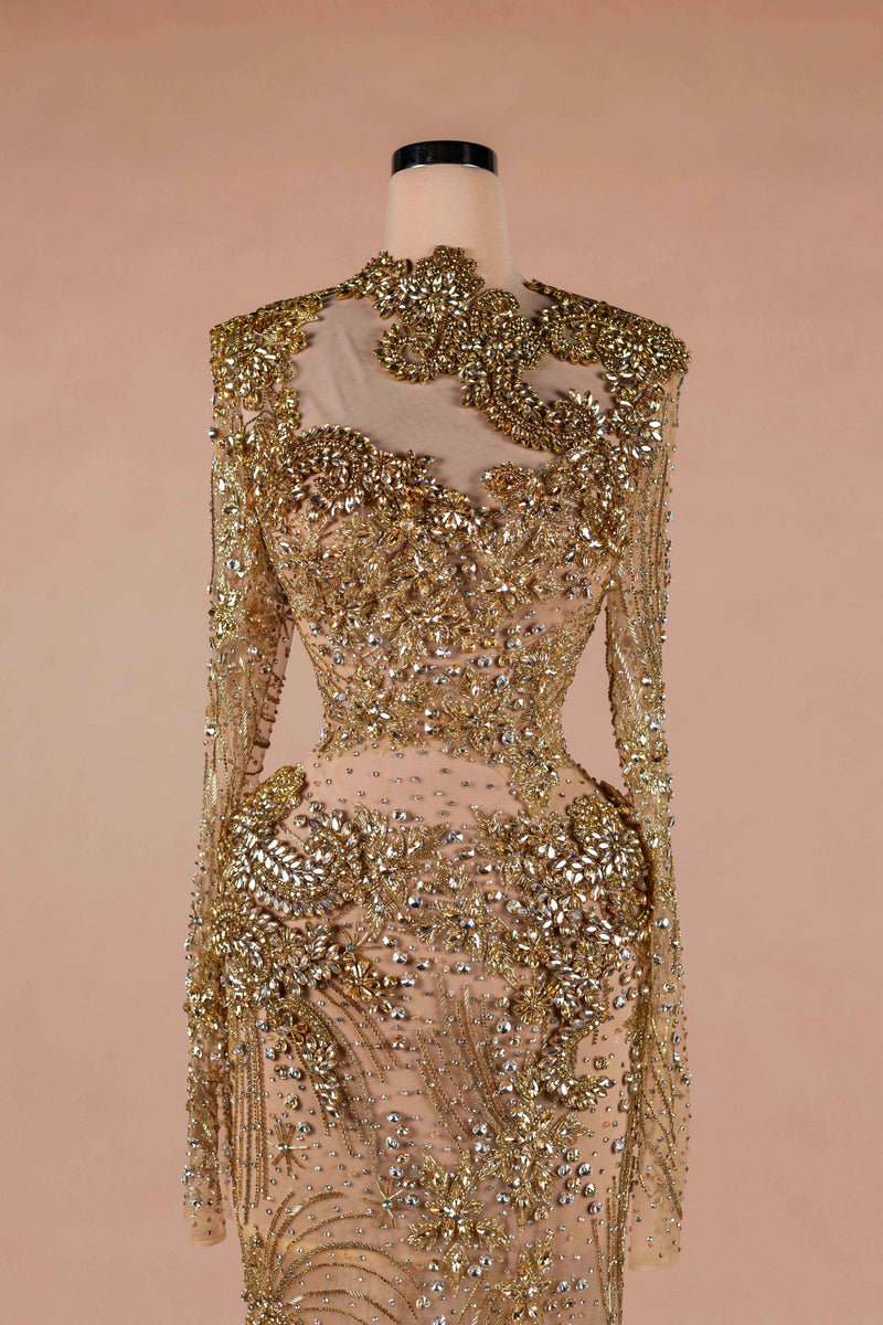 Sihëna Aurelia Sovereign — gold high-neck long-sleeve column evening dress