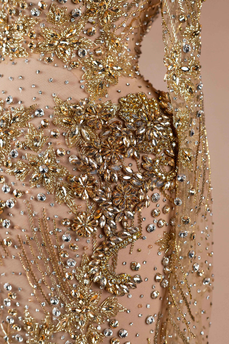 Sihëna Aurelia Sovereign — gold high-neck long-sleeve column evening dress