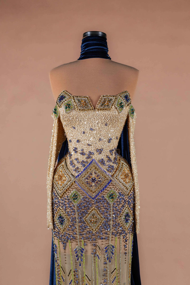 Sihëna Indigo Mosaic — navy strapless off-shoulder mermaid evening dress