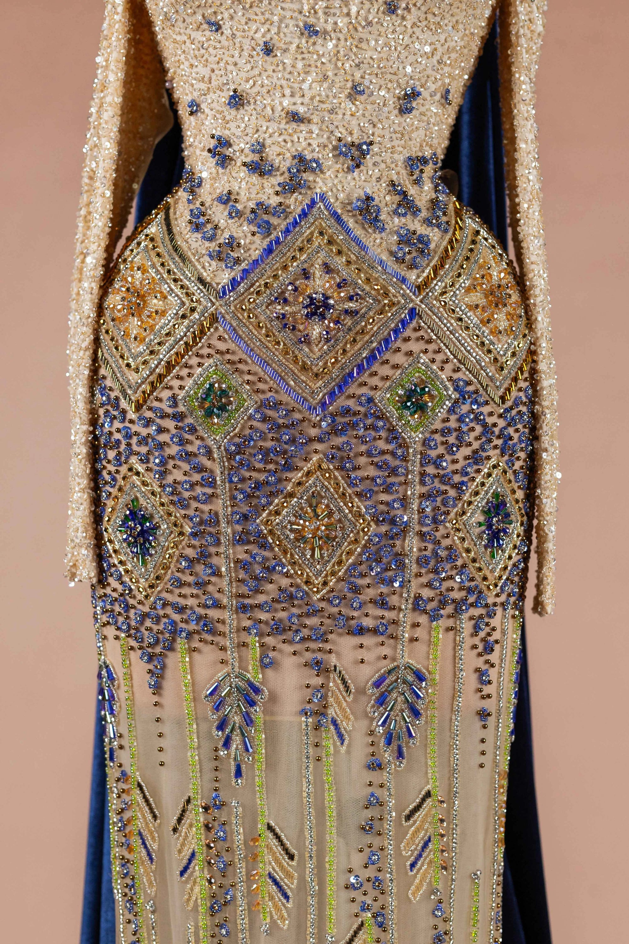 Sihëna Indigo Mosaic — navy strapless off-shoulder mermaid evening dress