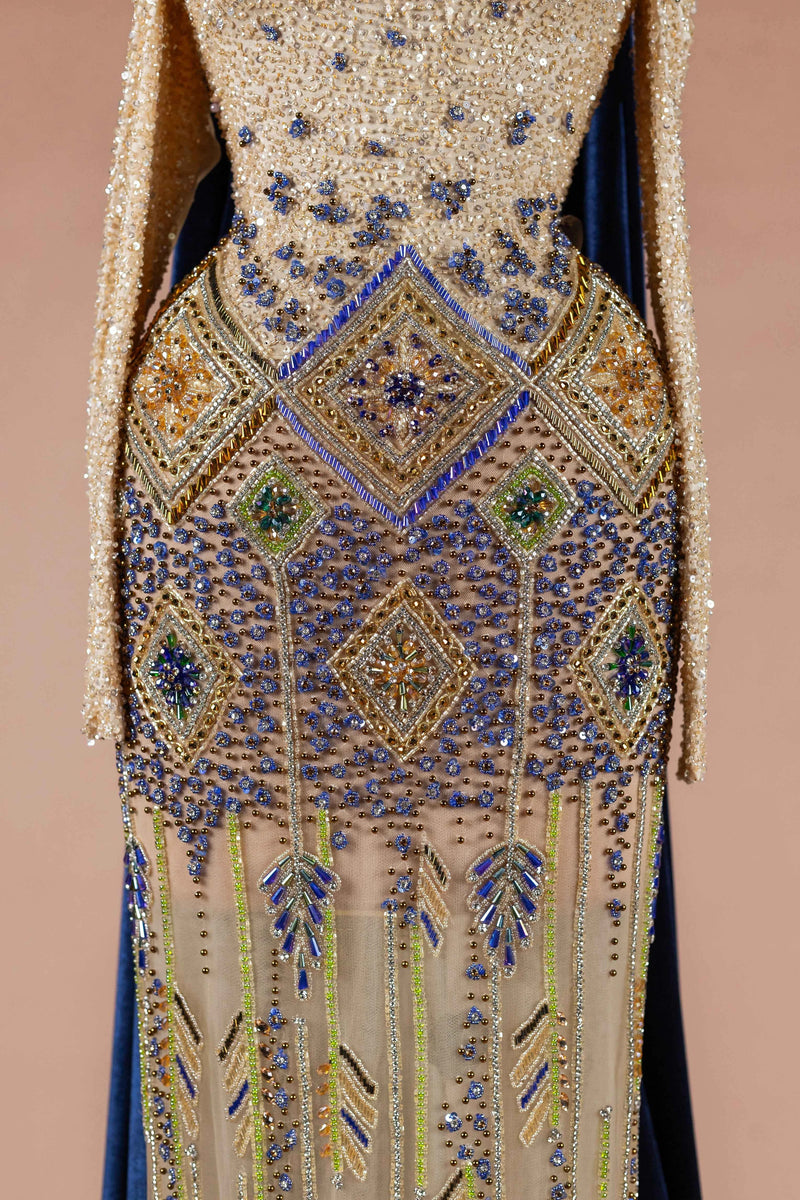 Sihëna Indigo Mosaic — navy strapless off-shoulder mermaid evening dress