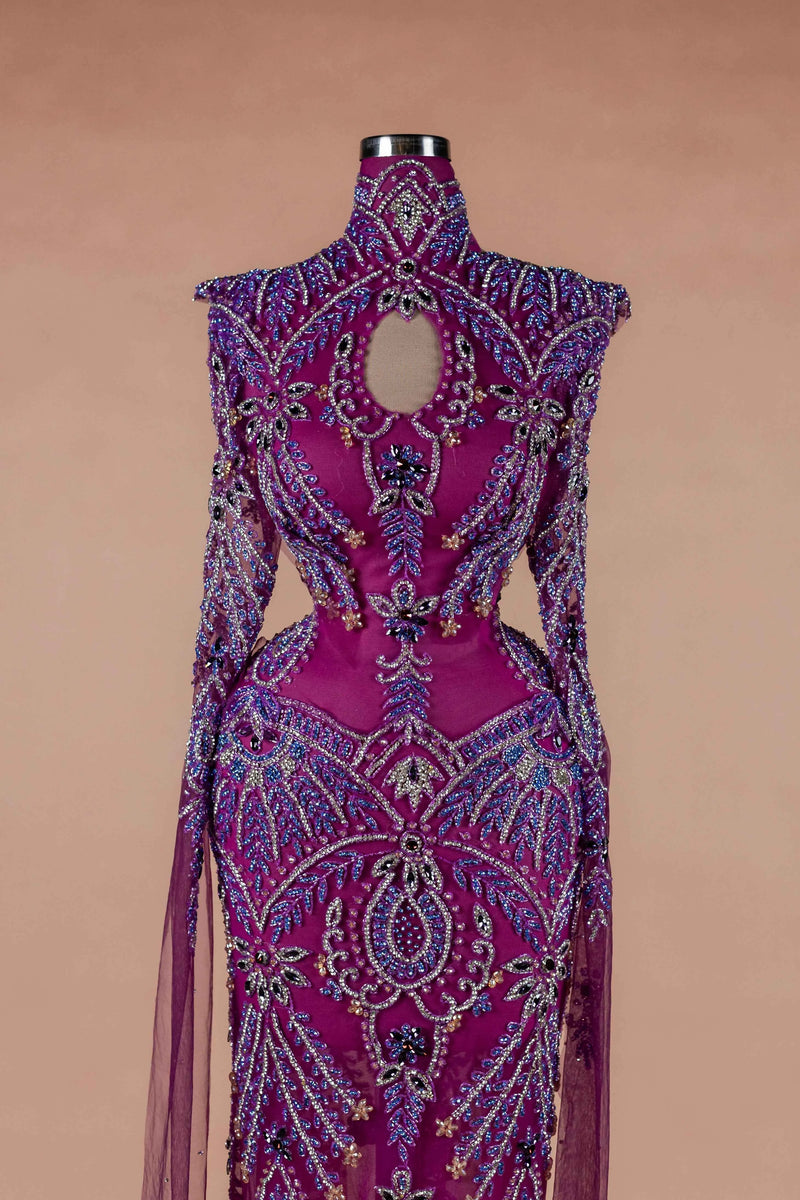 Sihëna Magenta Mirage — magenta high-neck long-sleeve column evening dress