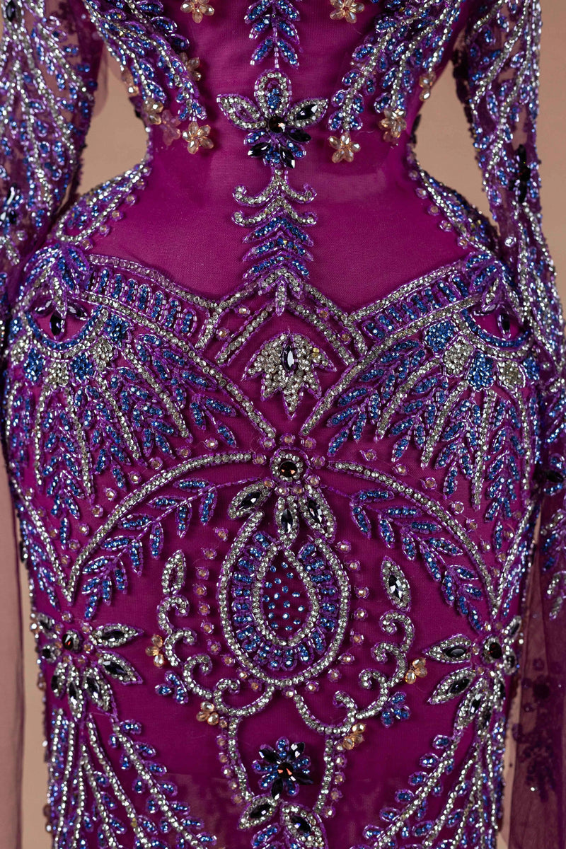 Sihëna Magenta Mirage — magenta high-neck long-sleeve column evening dress