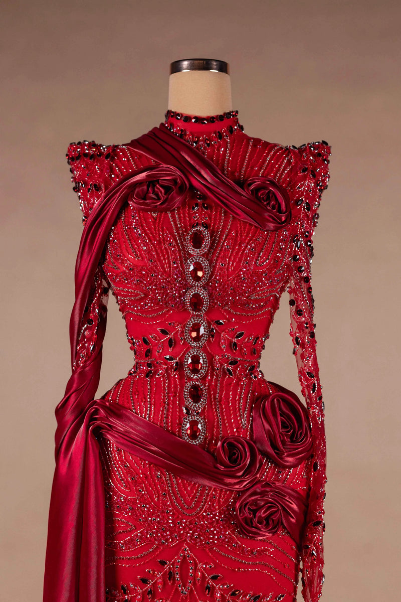 Sihëna Scarlet Rosalia — red high-neck long-sleeve column evening dress