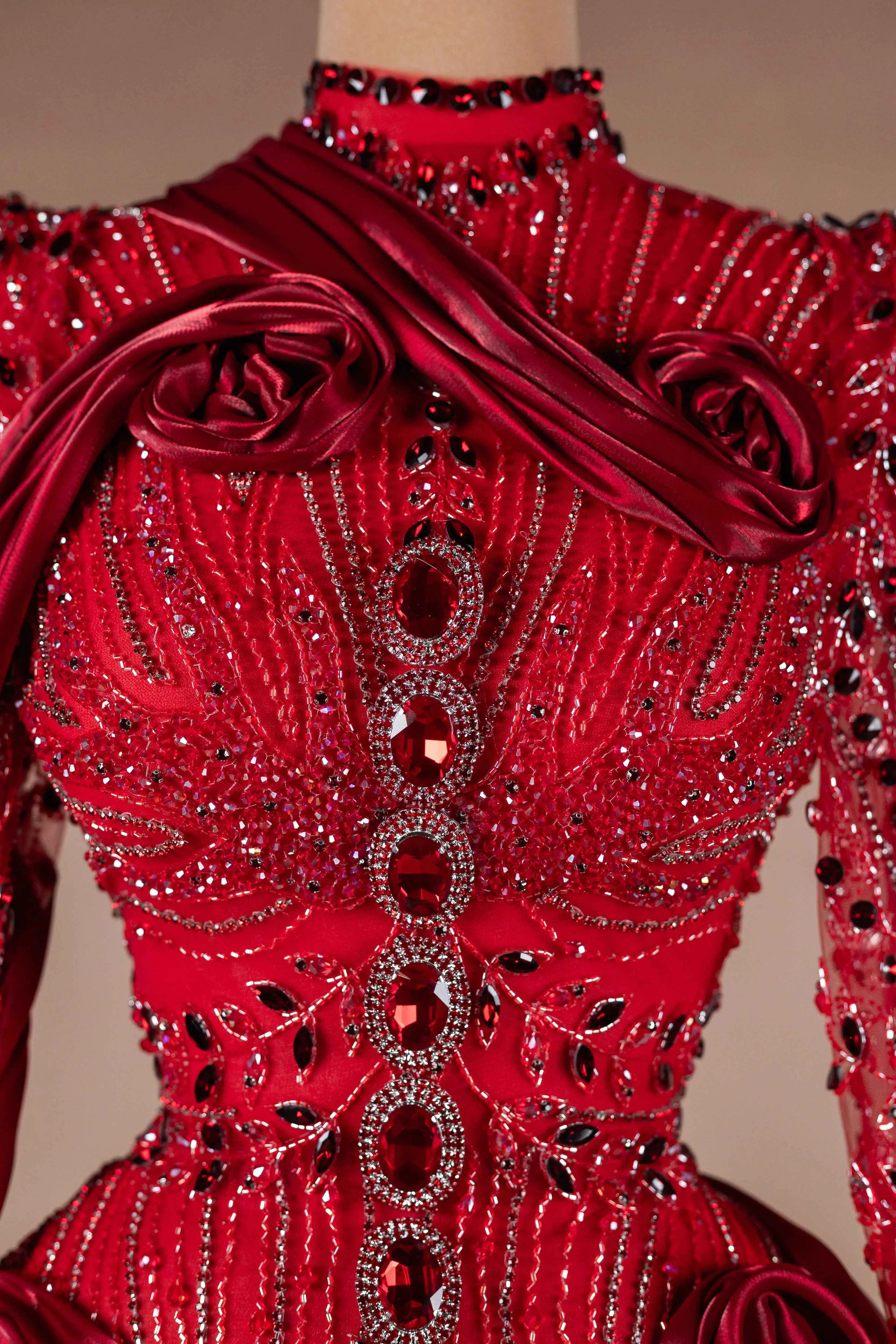 Sihëna Scarlet Rosalia — red high-neck long-sleeve column evening dress