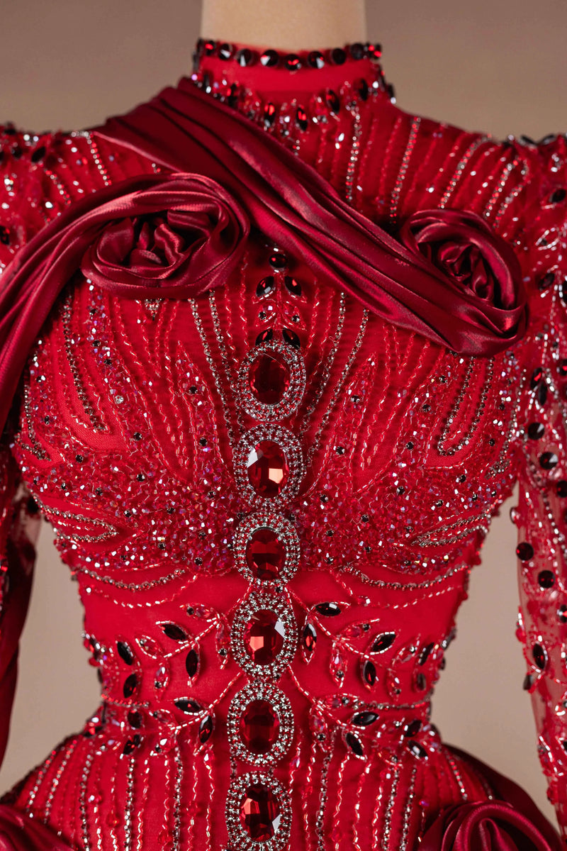 Sihëna Scarlet Rosalia — red high-neck long-sleeve column evening dress