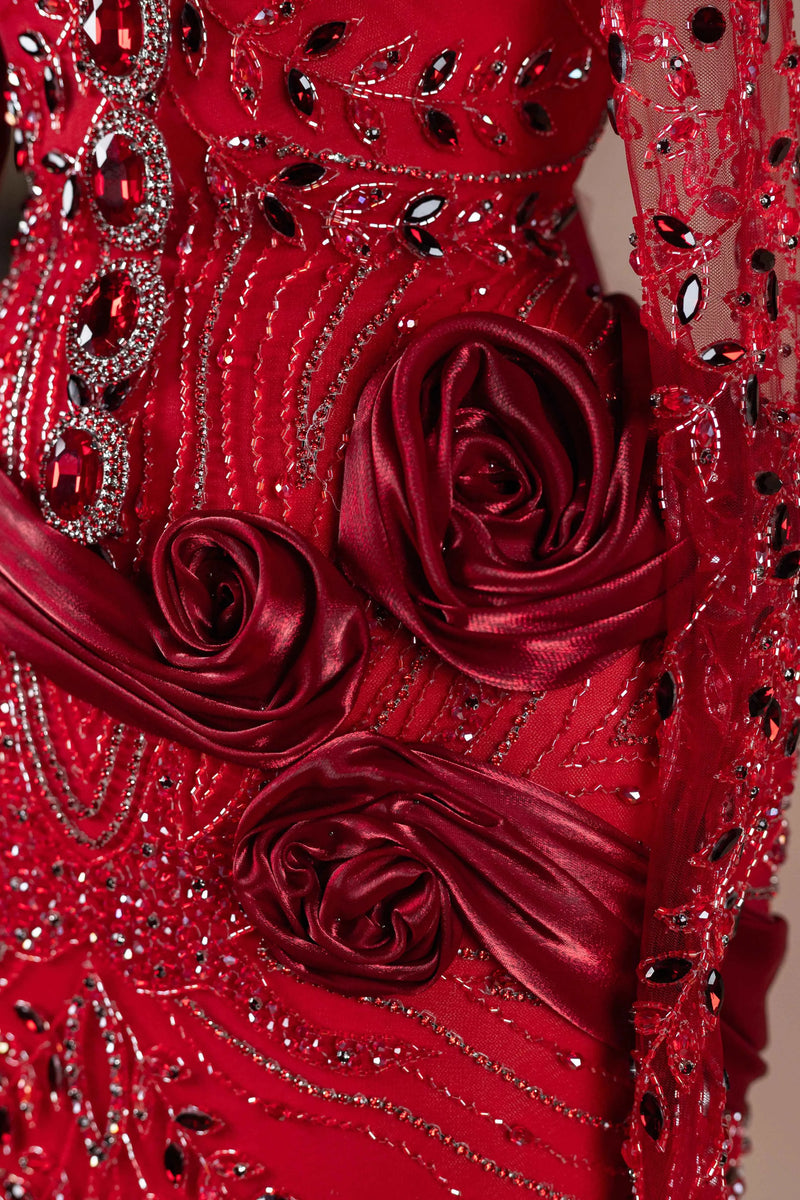 Sihëna Scarlet Rosalia — red high-neck long-sleeve column evening dress