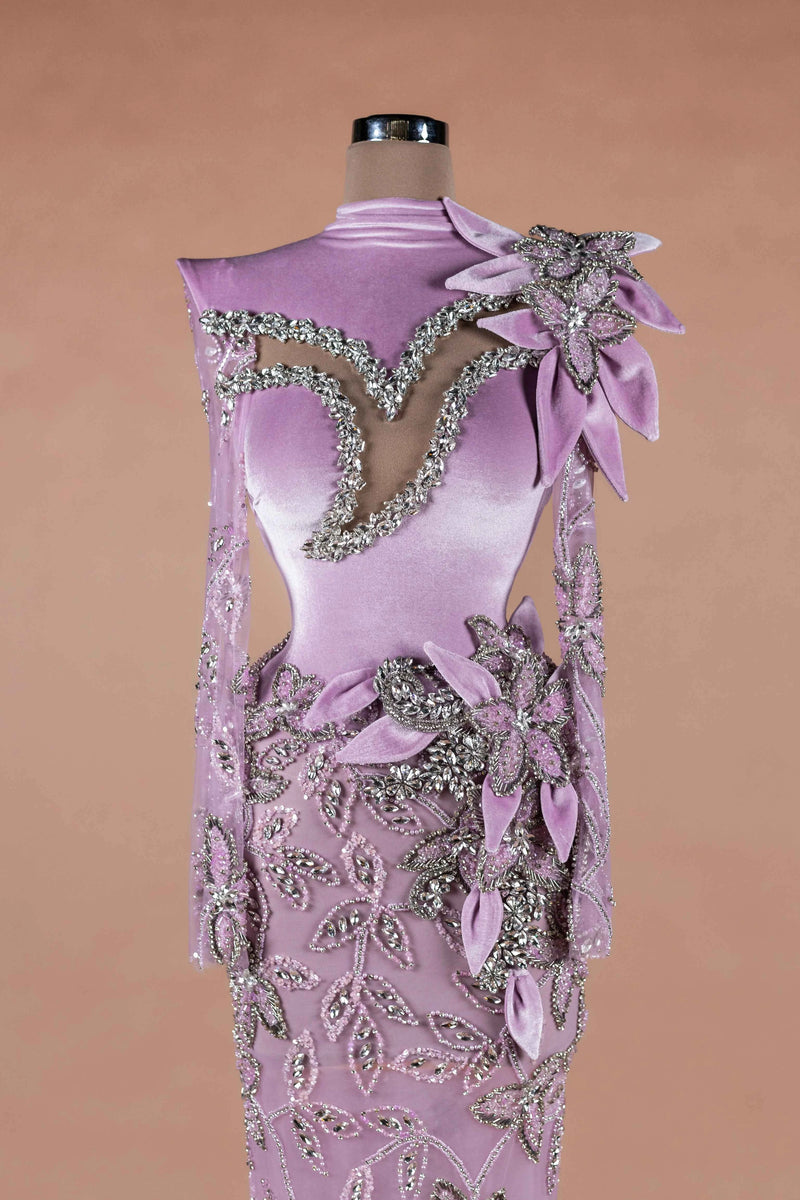 Sihëna Wisteria Vine — lilac high-neck long-sleeve mermaid evening dress