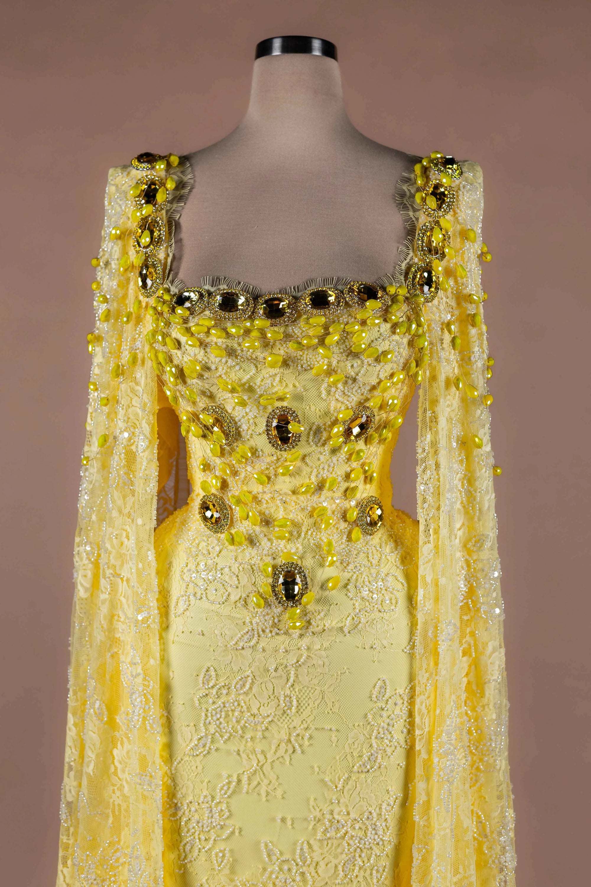 Sihëna Citrine Heirloom — marigold square cape-sleeve column evening dress