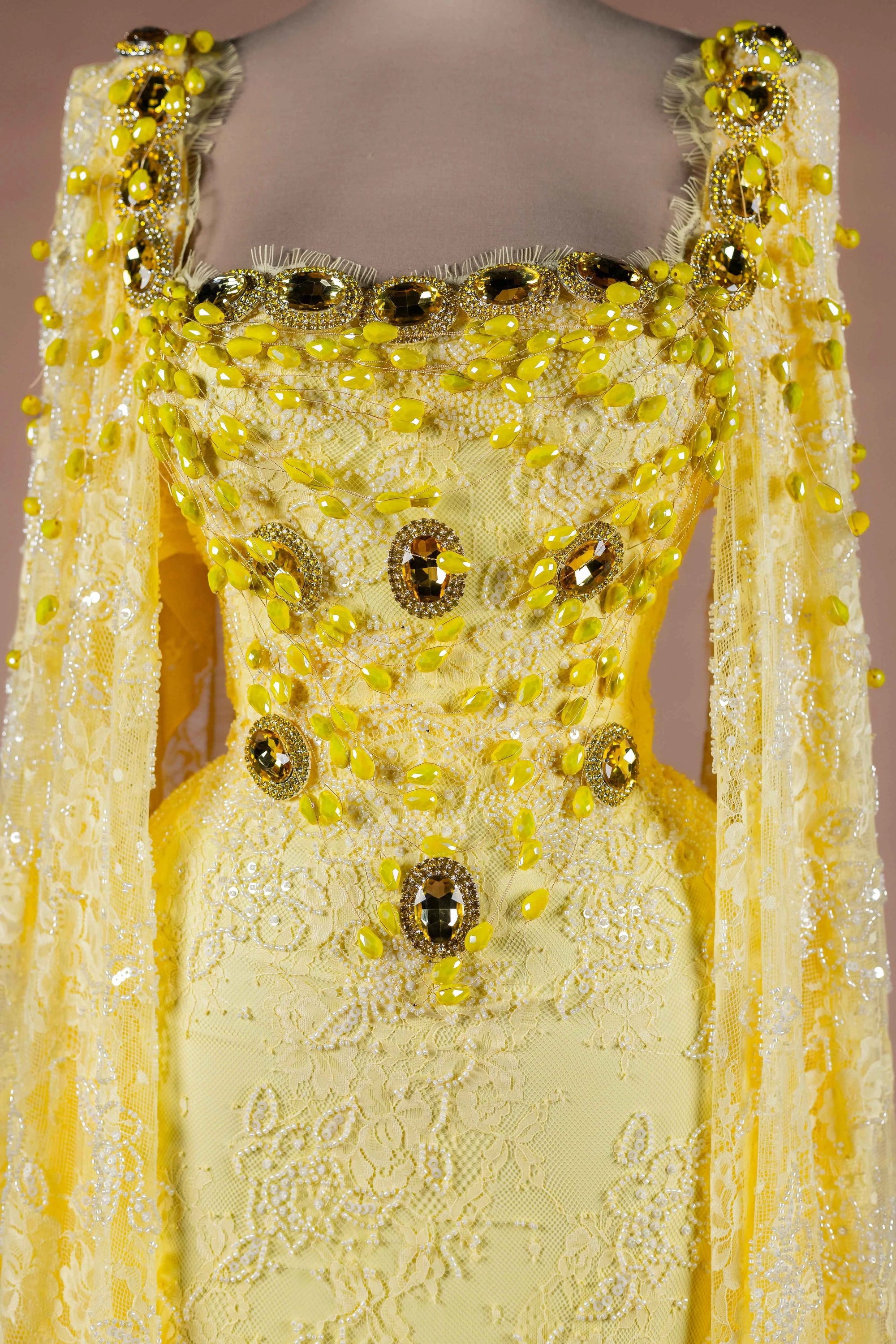 Sihëna Citrine Heirloom — marigold square cape-sleeve column evening dress