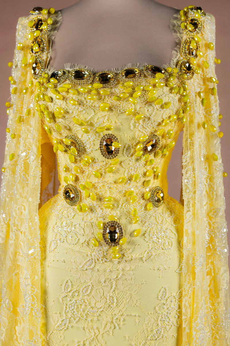 Sihëna Citrine Heirloom — marigold square cape-sleeve column evening dress