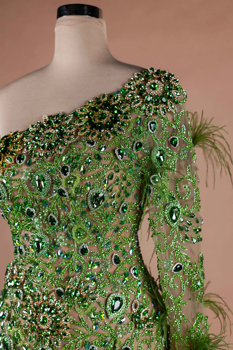 Sihëna Peridot Plume — lime one-shoulder long-sleeve mermaid evening dress