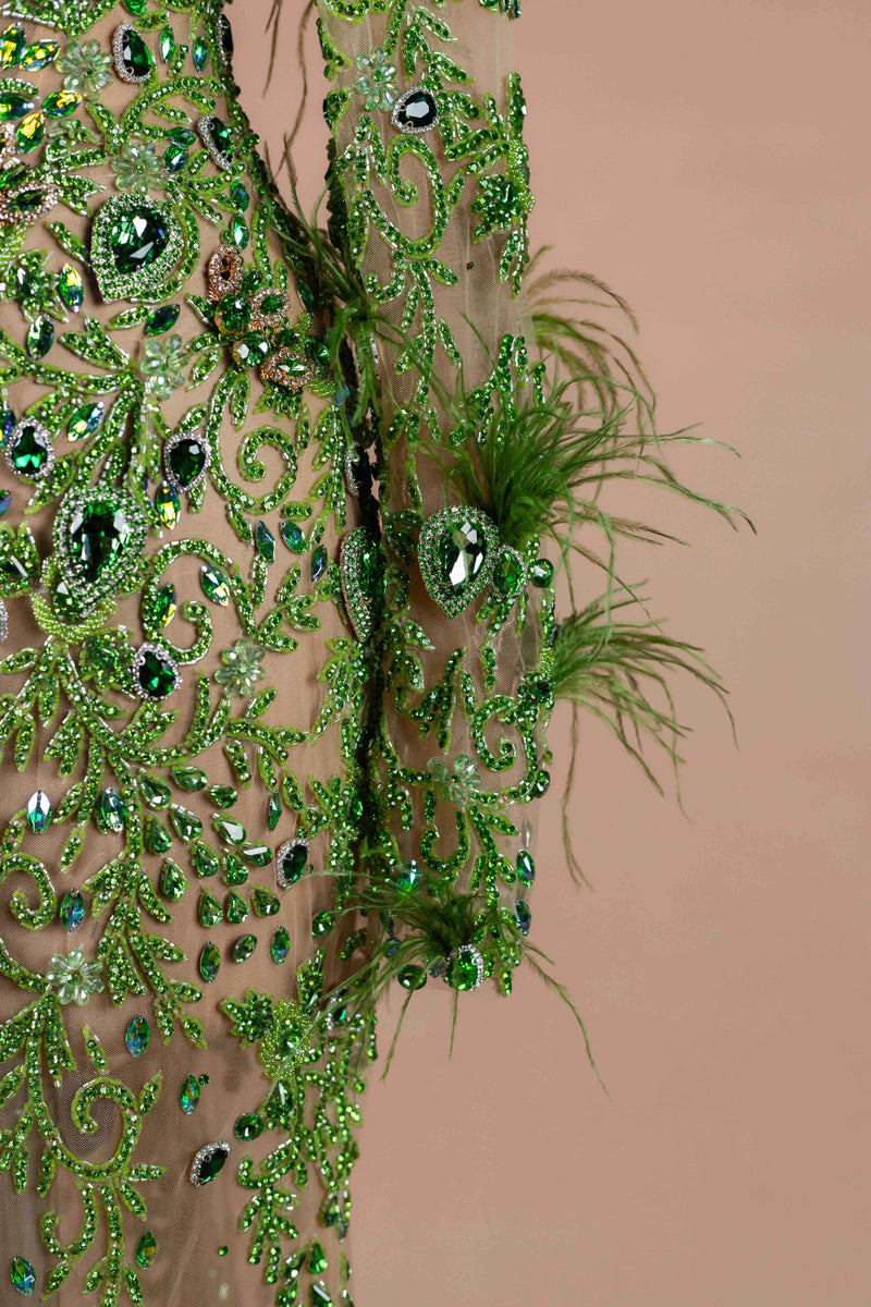 Sihëna Peridot Plume — lime one-shoulder long-sleeve mermaid evening dress