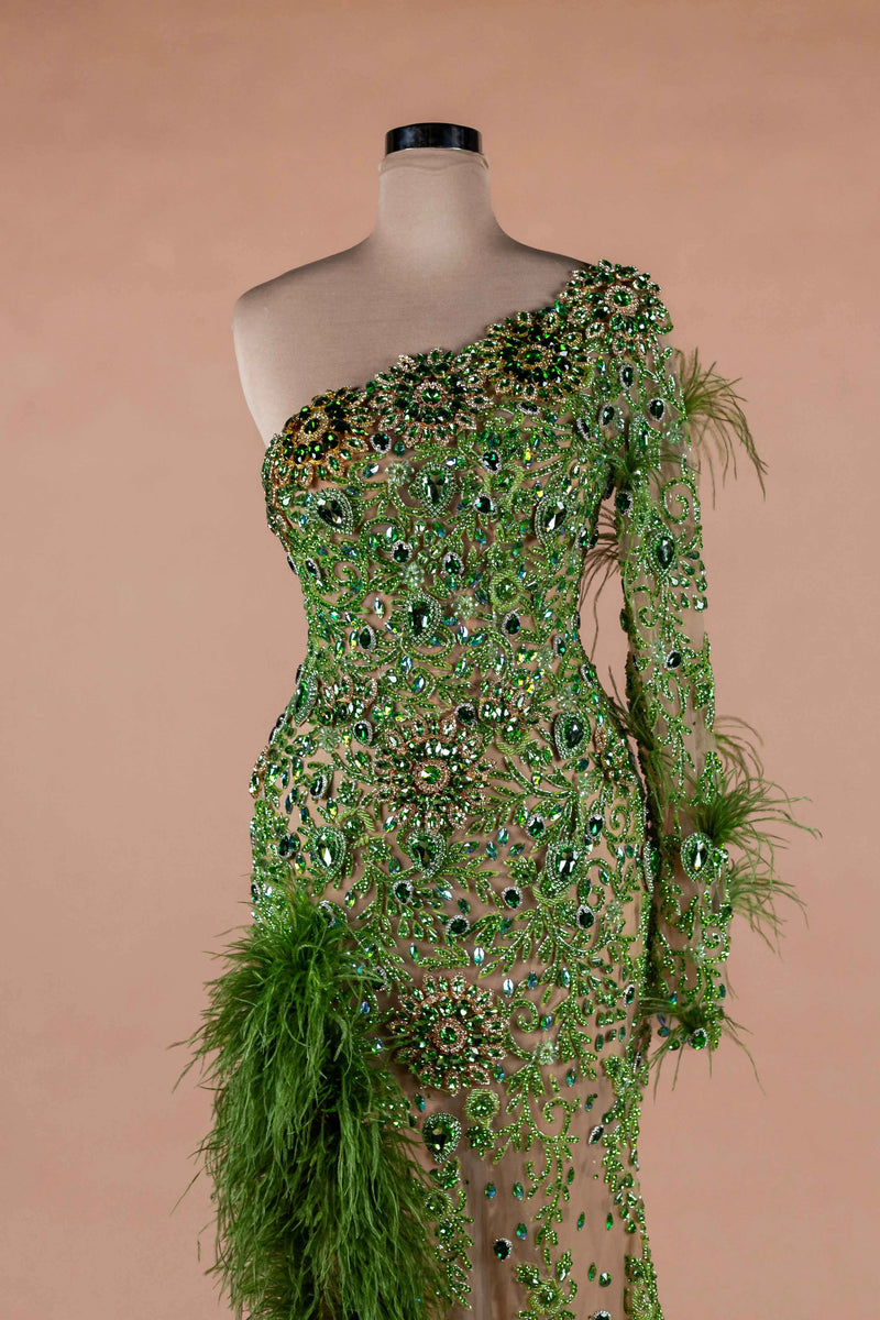 Sihëna Peridot Plume — lime one-shoulder long-sleeve mermaid evening dress