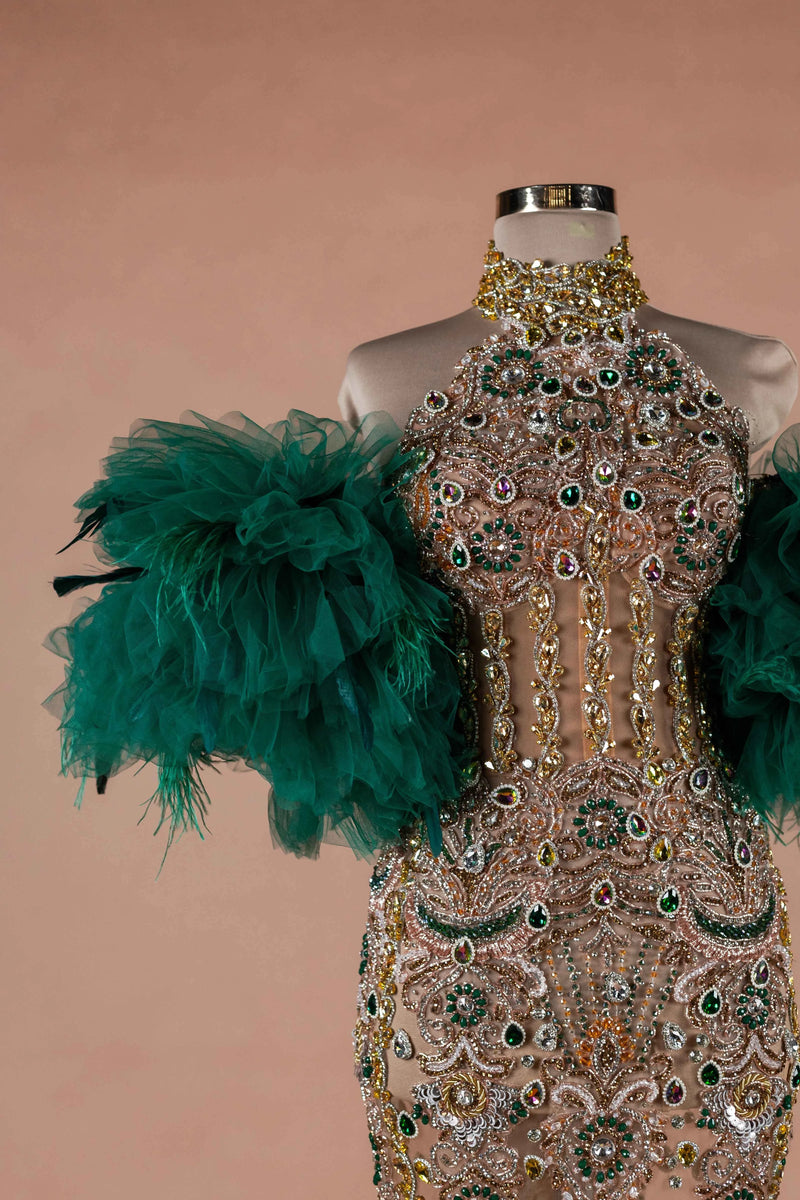 Sihëna Teal Sovereign — emerald high-neck off-shoulder mermaid evening dress
