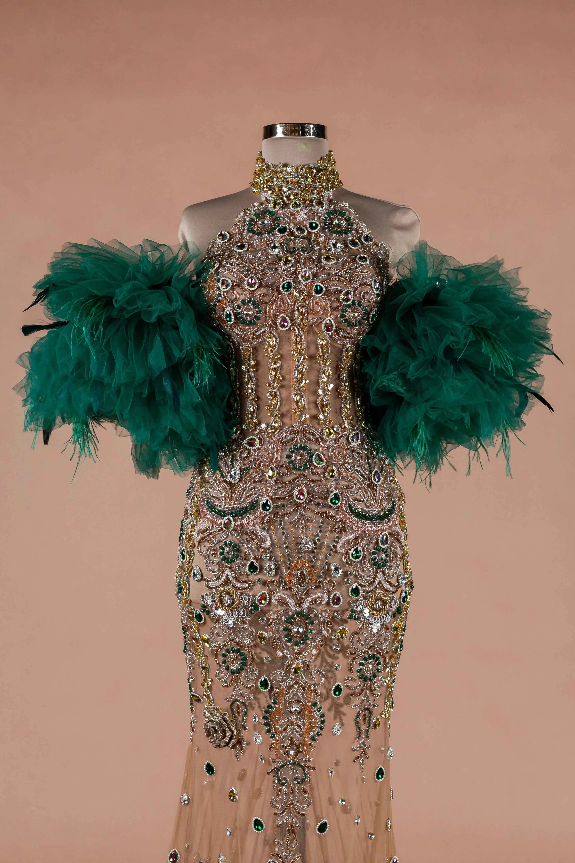 Sihëna Teal Sovereign — emerald high-neck off-shoulder mermaid evening dress