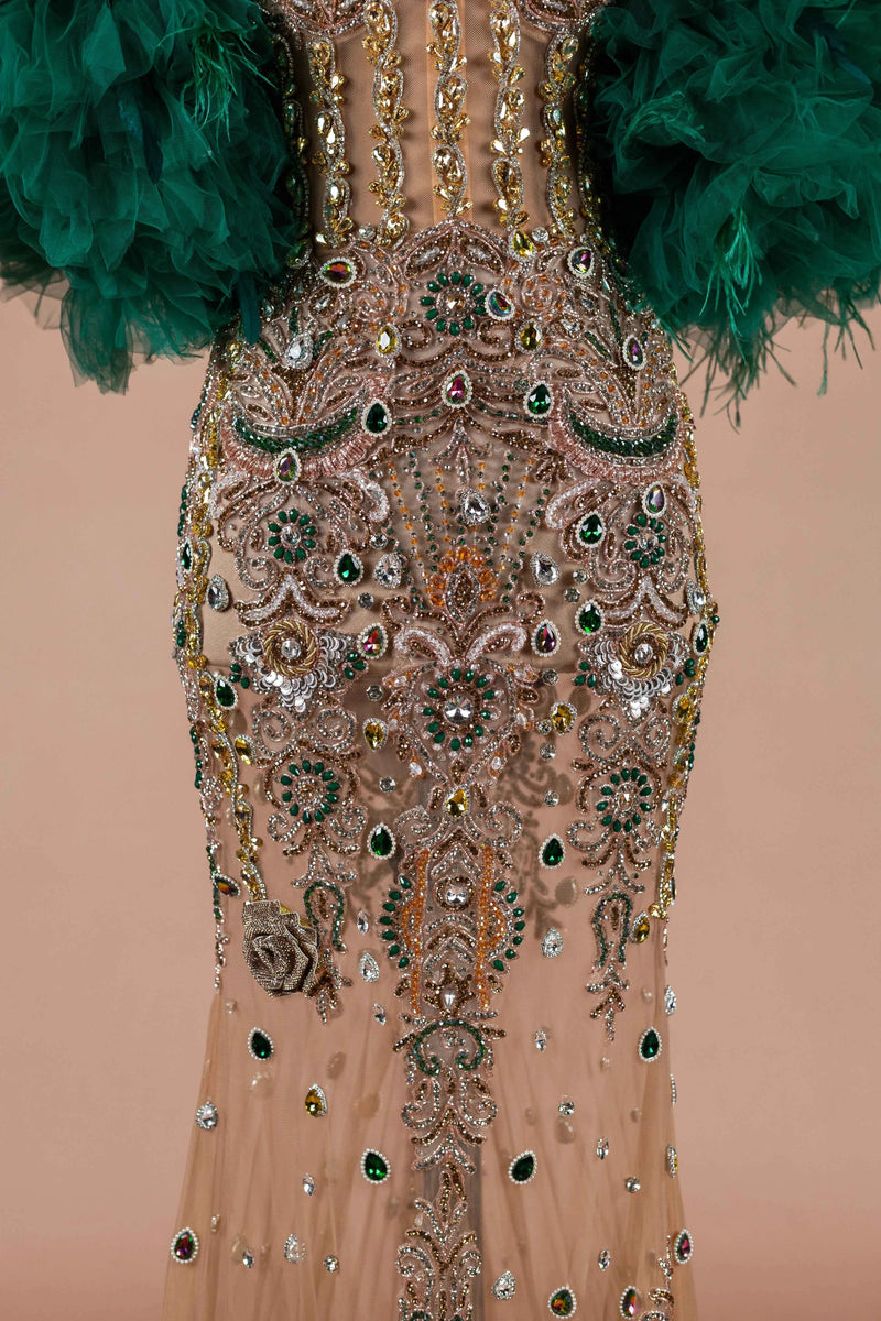 Sihëna Teal Sovereign — emerald high-neck off-shoulder mermaid evening dress