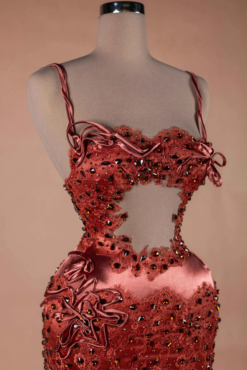 Sihëna Copper Serenade — copper sweetheart spaghetti-strap column evening dress