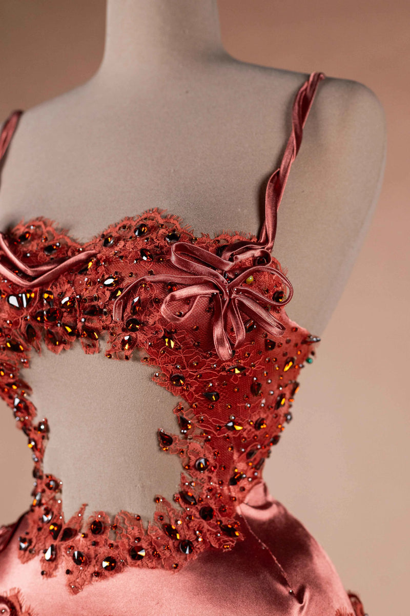 Sihëna Copper Serenade — copper sweetheart spaghetti-strap column evening dress