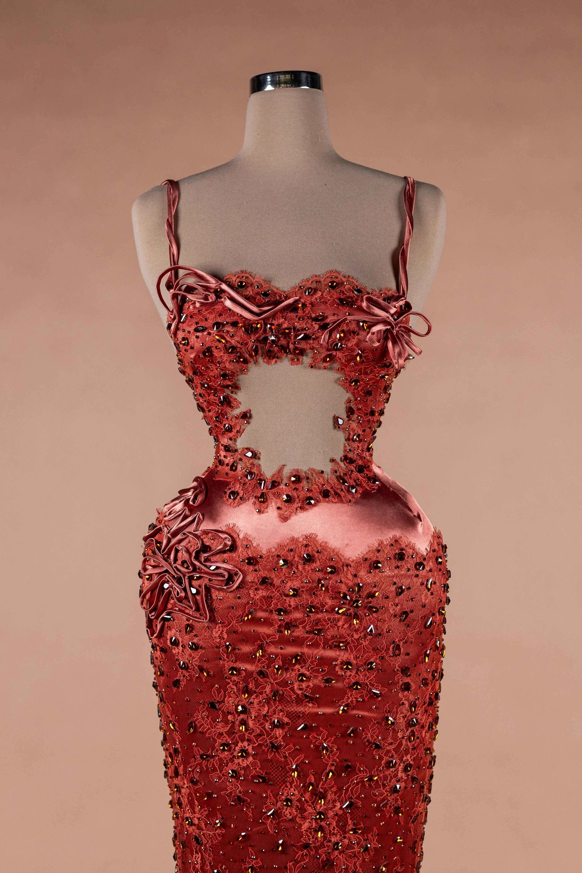 Sihëna Copper Serenade — copper sweetheart spaghetti-strap column evening dress